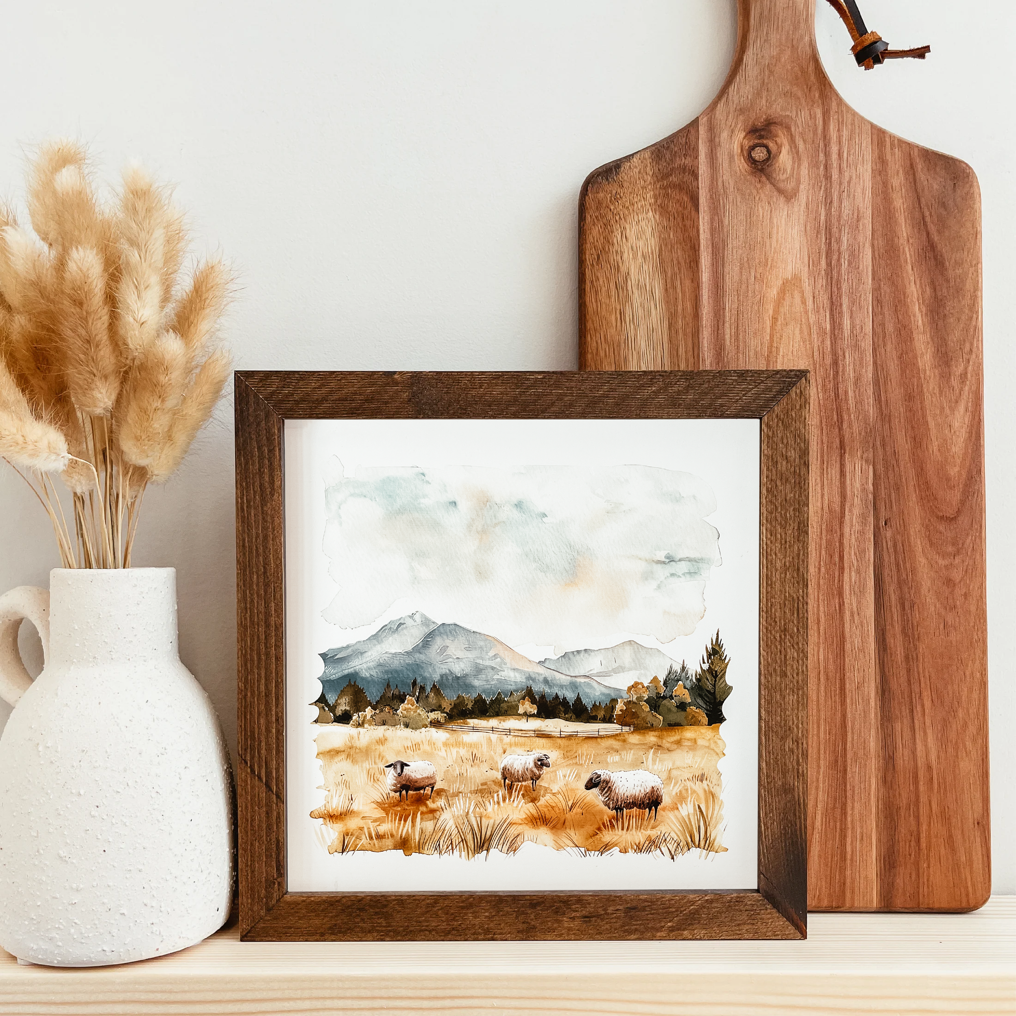 Watercolour Sheep Framed Wood Sign