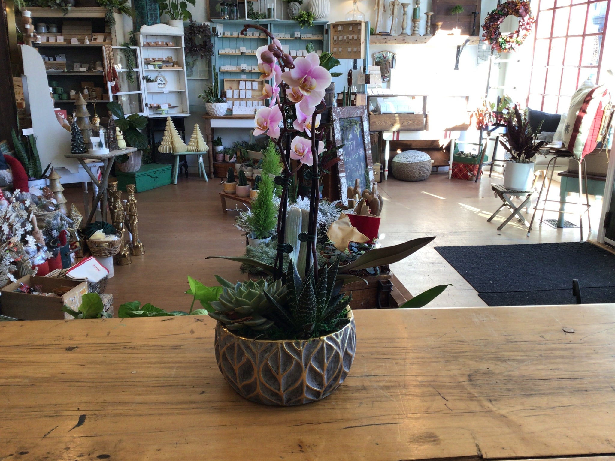 Gold Leaf Succulent Planter with Orchid