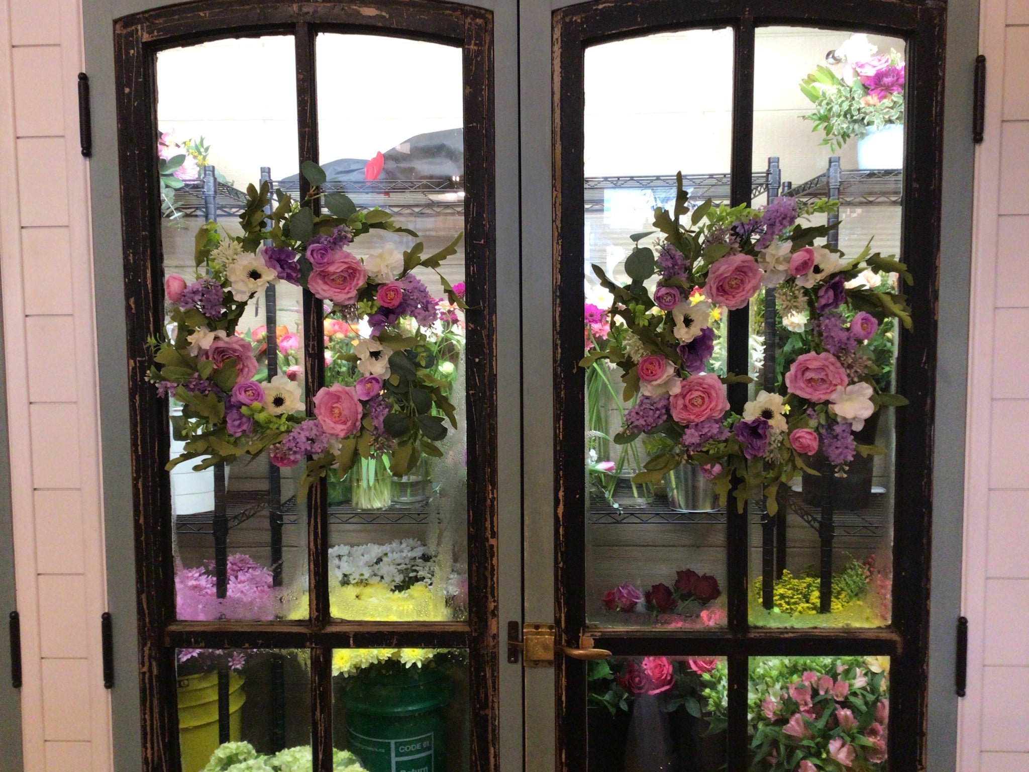 Camellia Wreath w pink and purple flowers