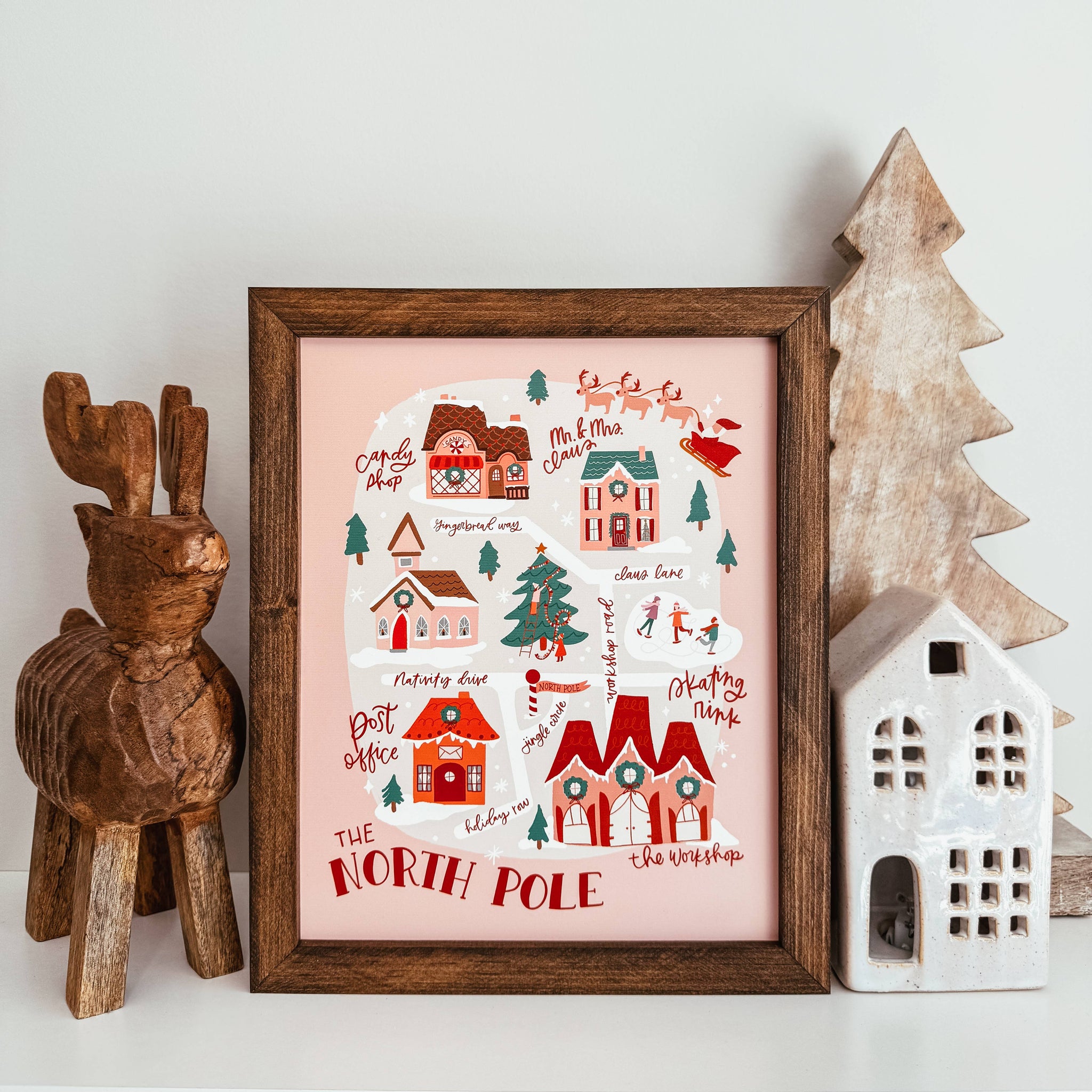 North Pole Map Framed Christmas Wood Sign